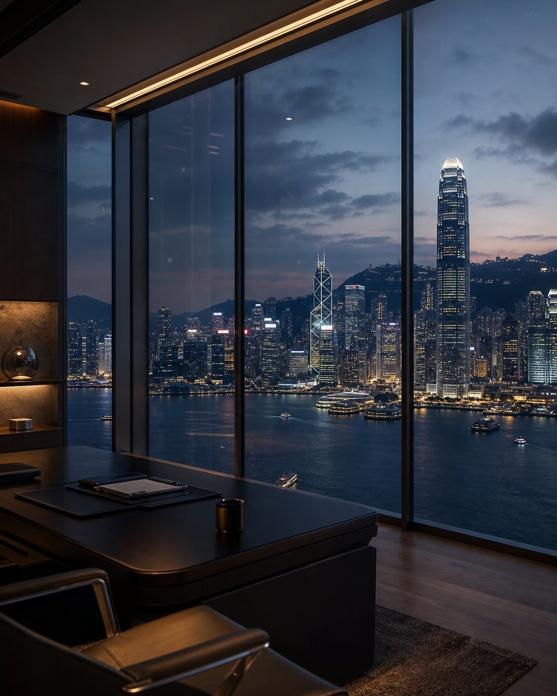 香港中环金融区与维港高层办公室夜景